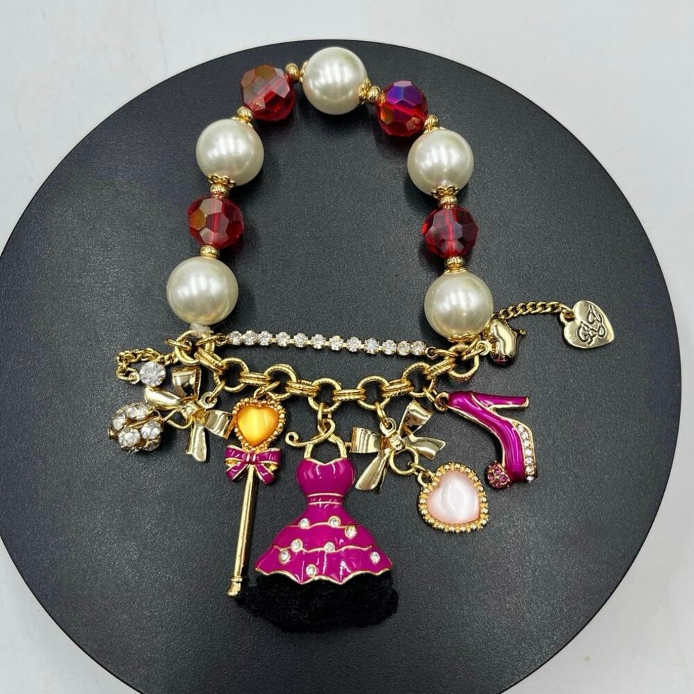 Betsey Johnson Pink Charm Pearl Crystal Dress High Heel Heart Lollipop Bracelet